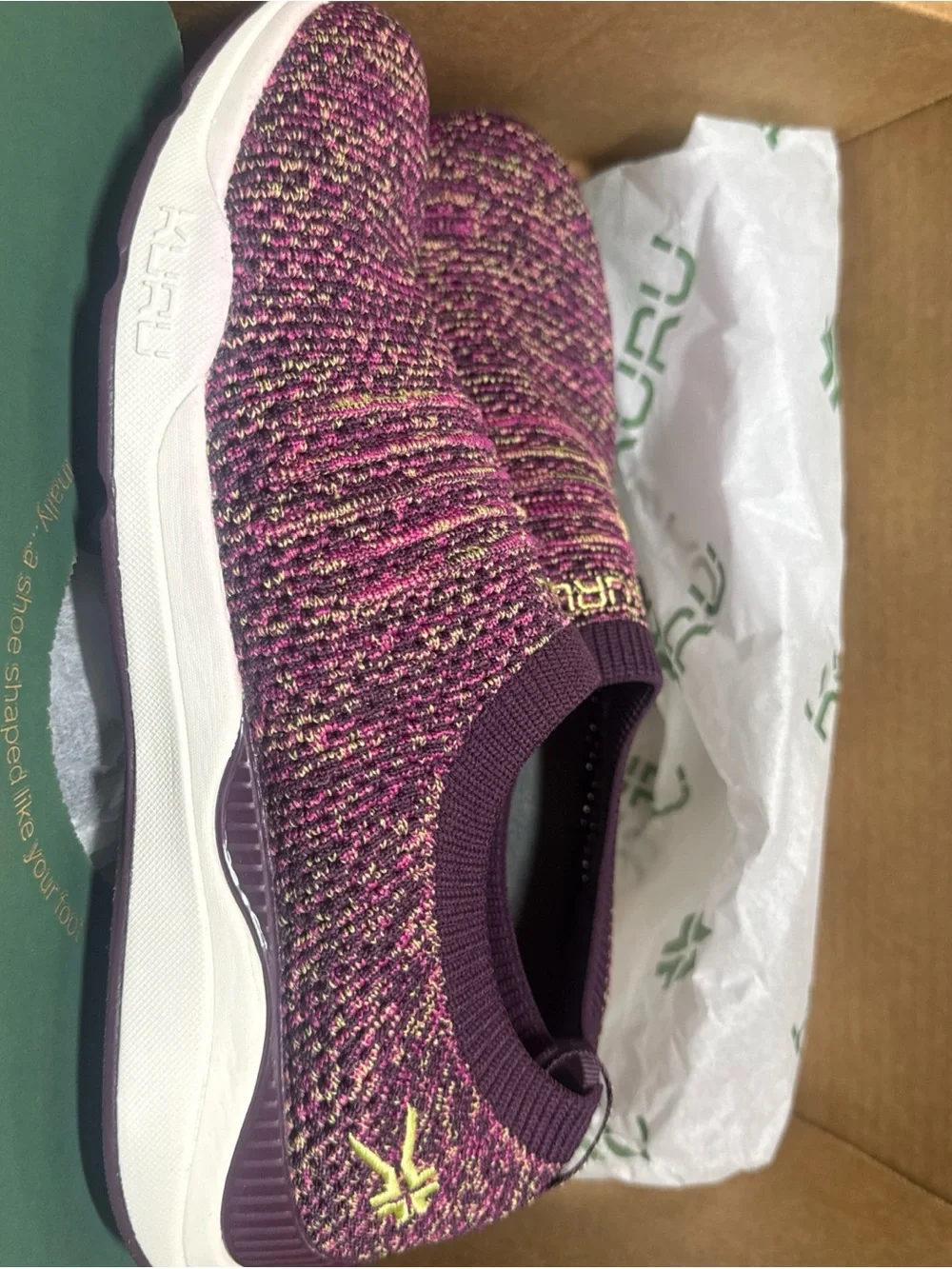 KURU Stride Women’s 9.5Slip-On Knit Sneakers in Purple with Pink & Black Accents
